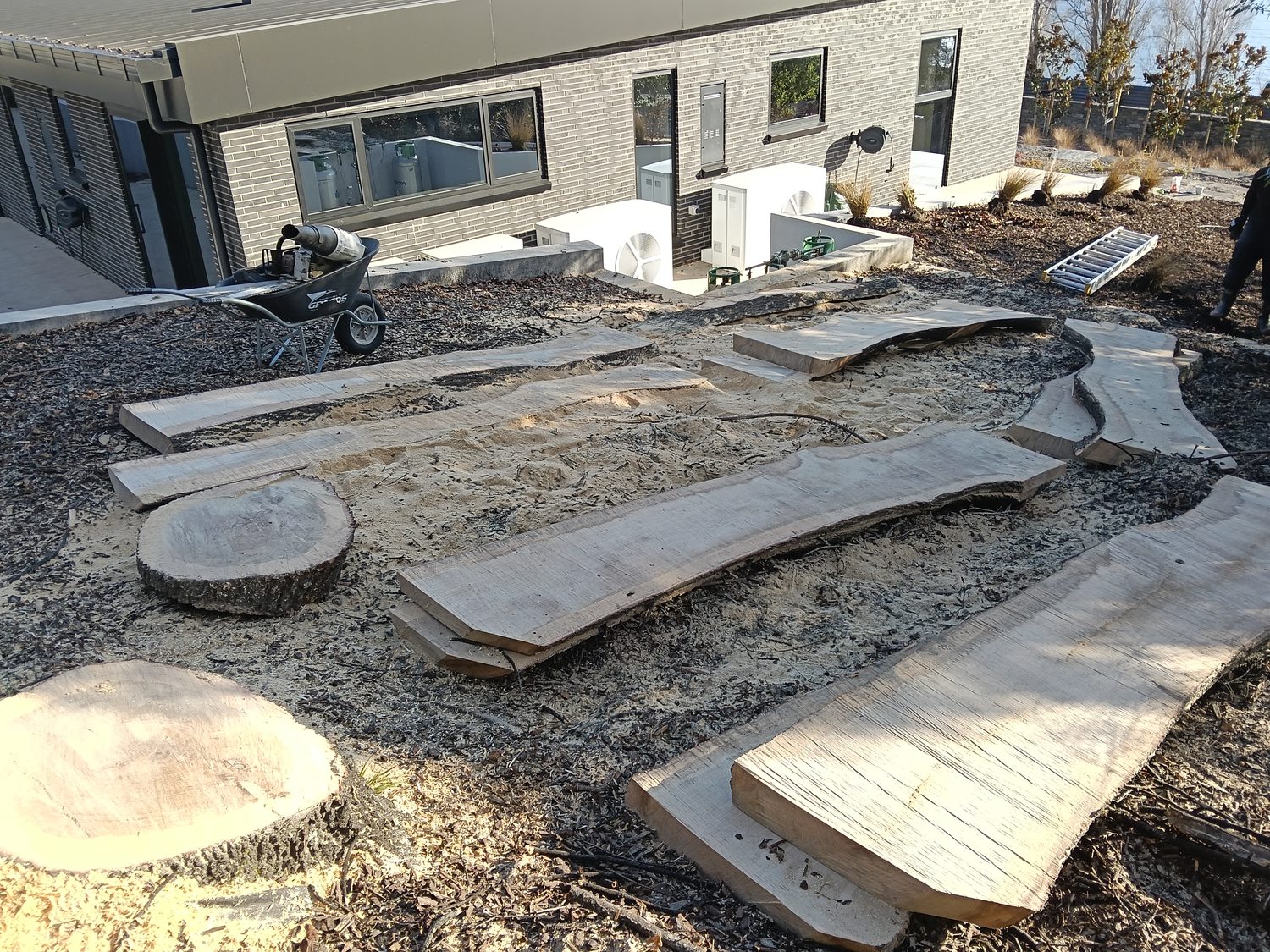 Milled timber slabs laid out to dry beside a new house, a wheelbarrow and a round of trunk alongside